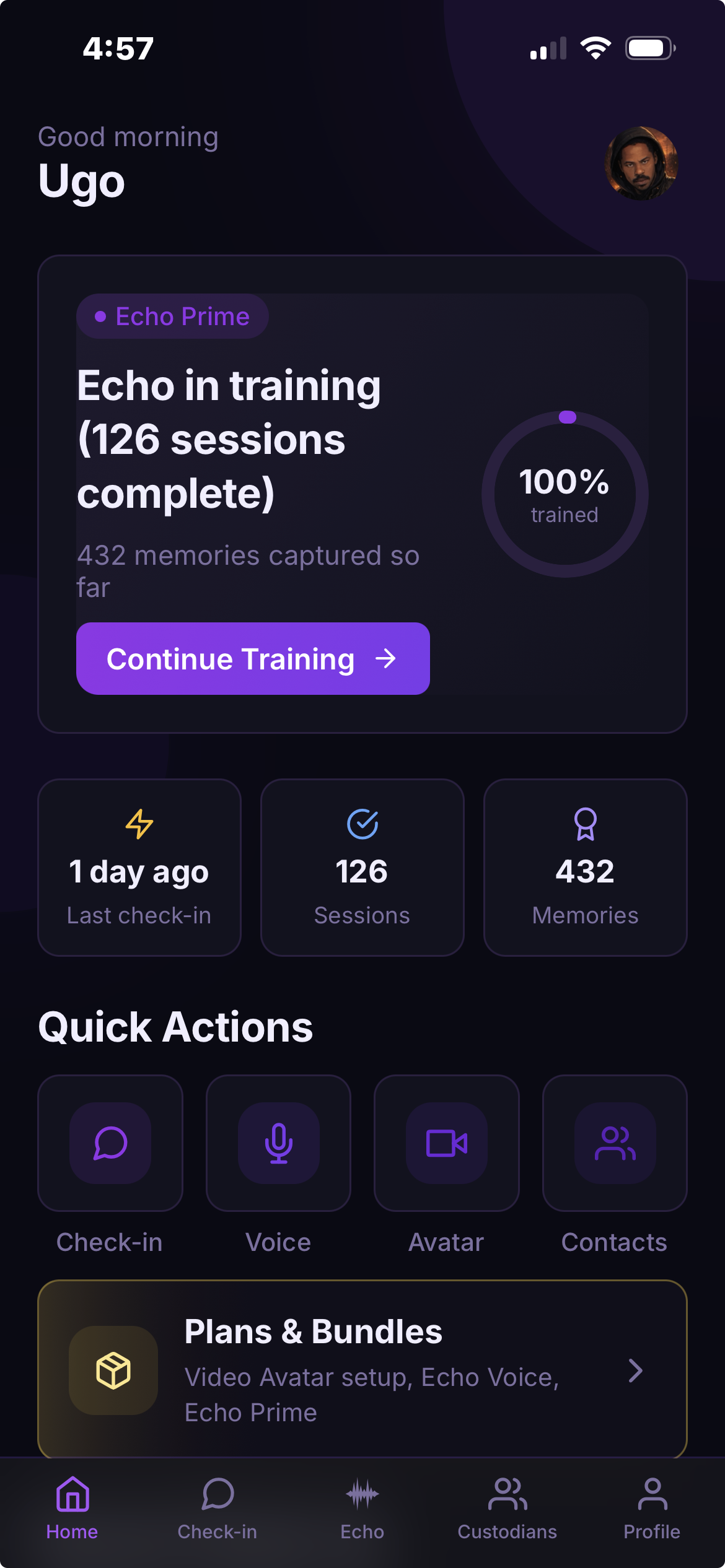 EchoVault iOS home screen showing Echo training progress