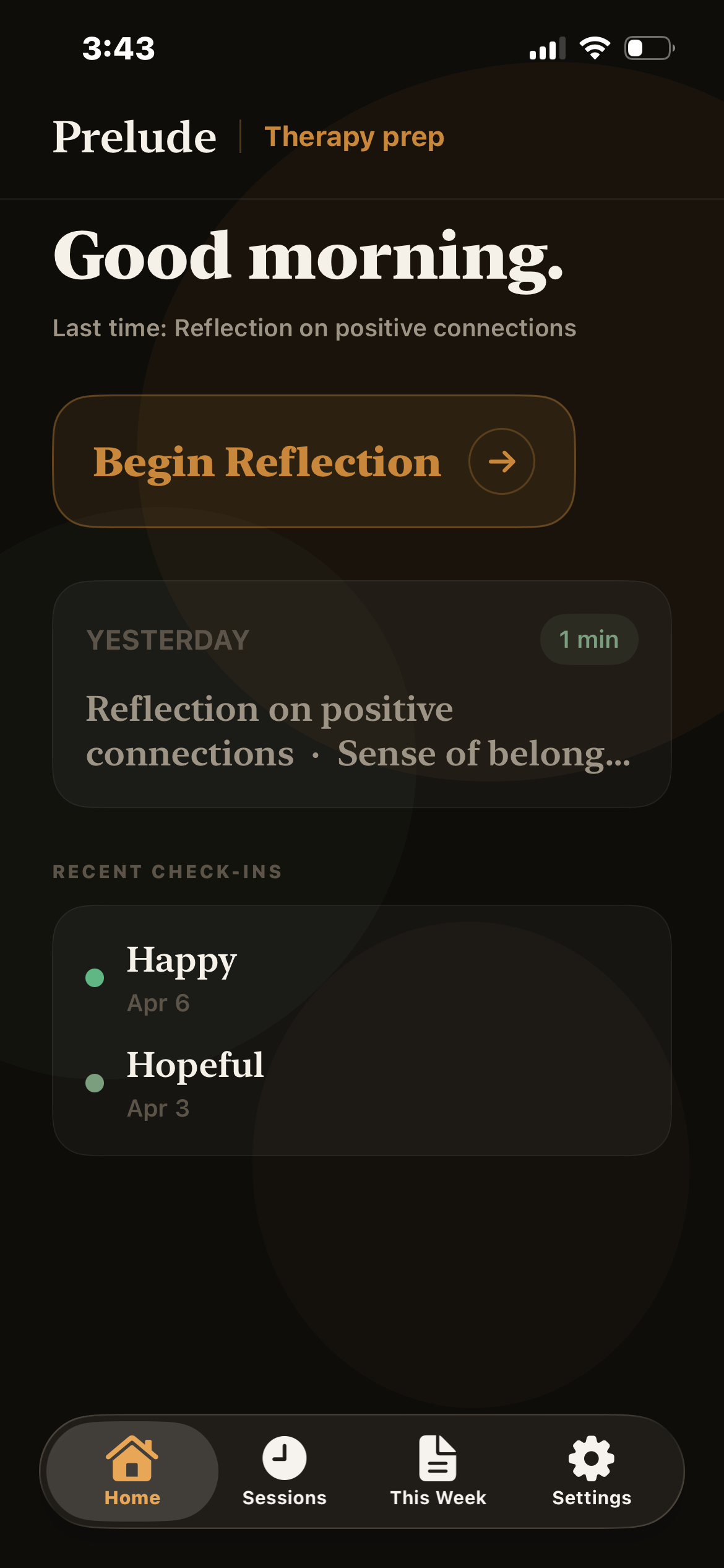 Prelude therapy prep app — session brief screen